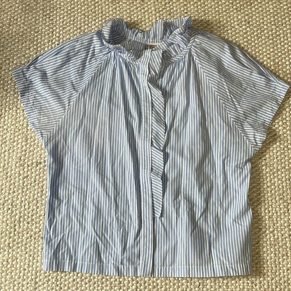 Finley Light Blue and White Striped Ruffle Neck Blouse